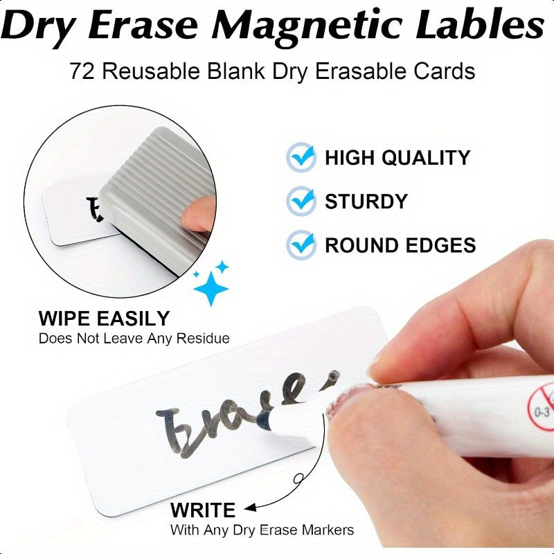72pcs Magnetic Dry Erase Labels 3.2x1.2 Inches White Blank Writable Reusable Name Tag Stickers for Classroom Home Office Refrigerator