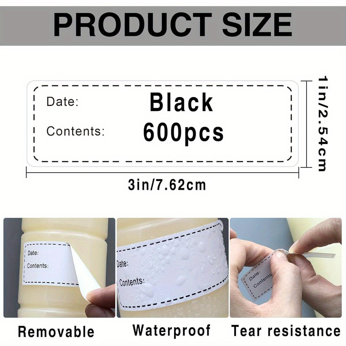 600pcs Removable Freezer Labels 1x3 Inch - Write-On & Easy Clean No Residue Food Storage Stickers with Date & Contents Fields for Kitchen, Restaurants, Markets (Black), Freezer Food Storage, Restaurant Supply, Visible Label Design, Writable Surface