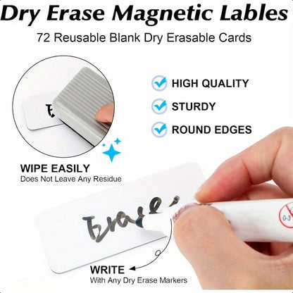 72pcs Magnetic Dry Erase Labels 3.2x1.2 Inches White Blank Writable Reusable Name Tag Stickers for Classroom Home Office Refrigerator